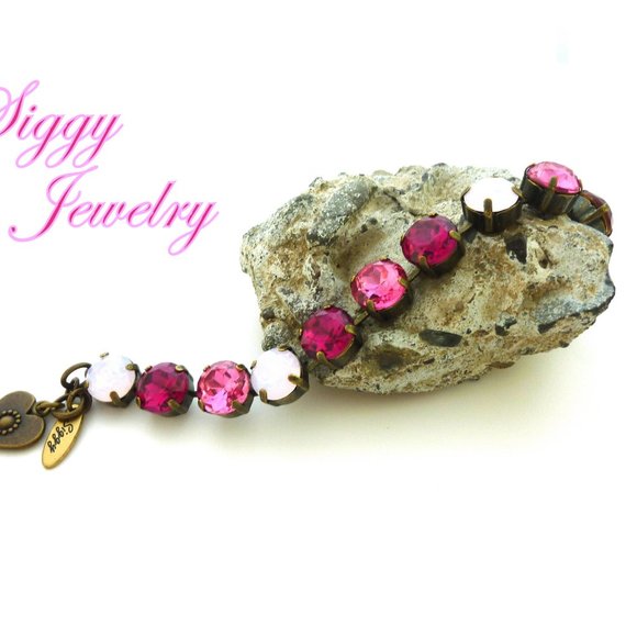 Large Stone Pink Crystal Tennis Bracelet in Antique Brass Finish, 11mm Crystals - Picture 6 of 6